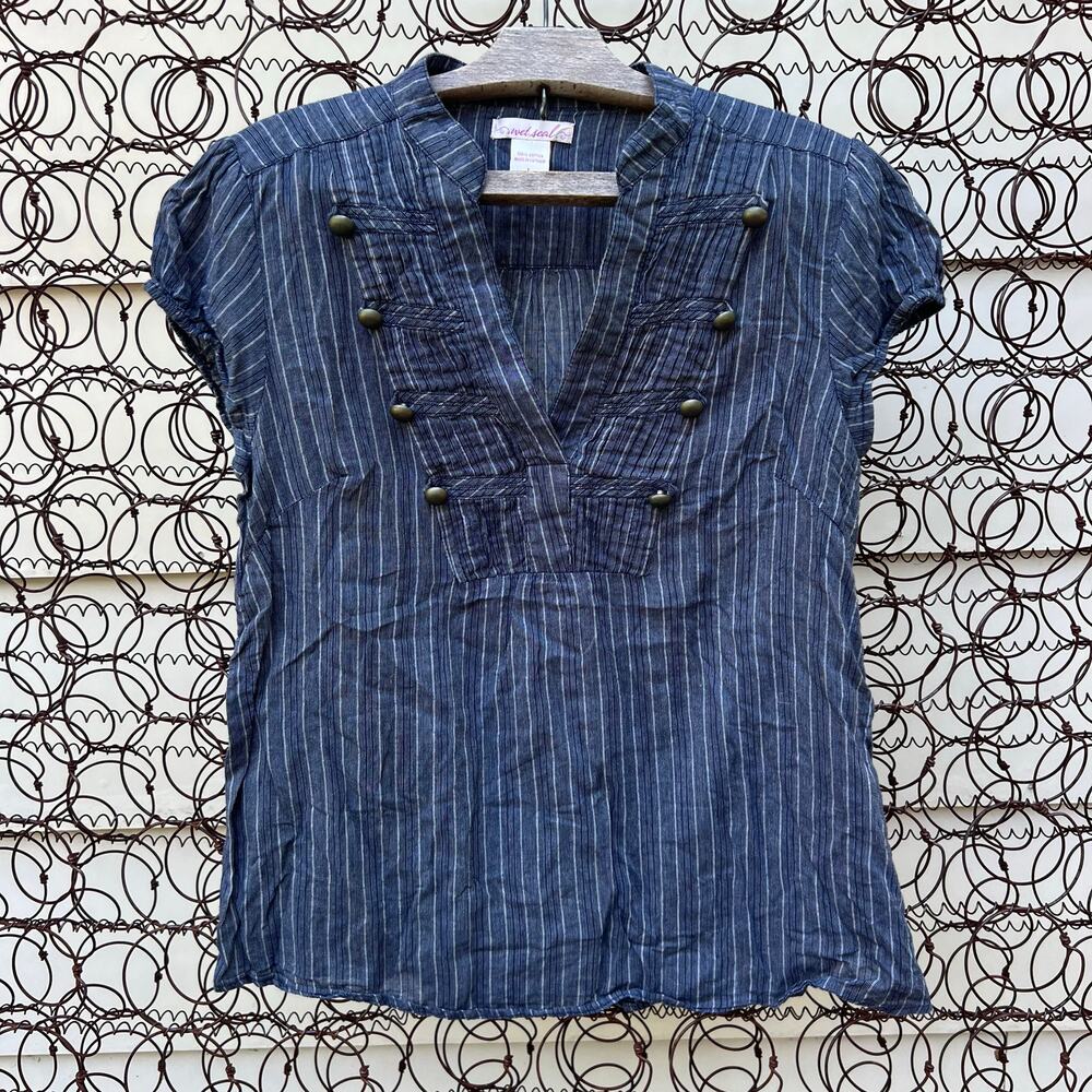 Vintage Y2K Wet Seal Navy Blue Pinstripe Military Pirate Babydoll Blouse LARGE